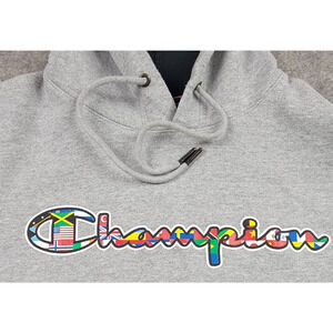 Champion Hoodie Mens Medium Gray International Flags Logo Pullover Casual